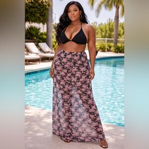Rebdolls Black & Pink Mesh Floral Maxi Skirt Size 4X Sheer Swim Cover-up